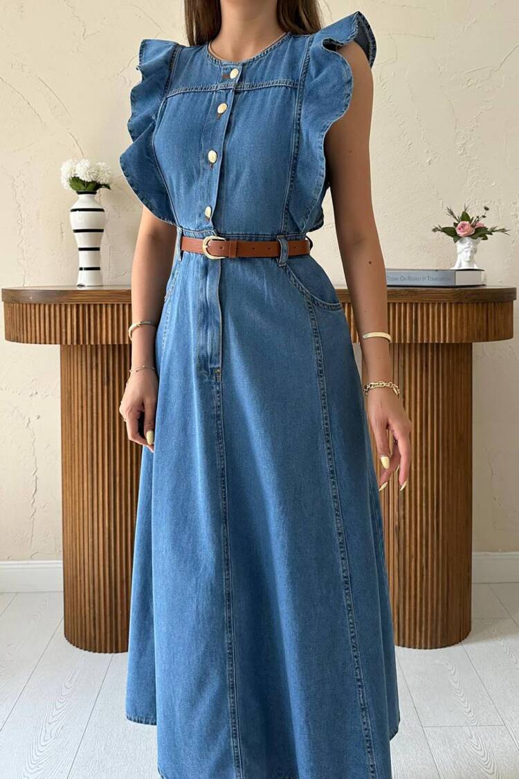 Blue Ruffle Sleeve A-Line Midi Dress