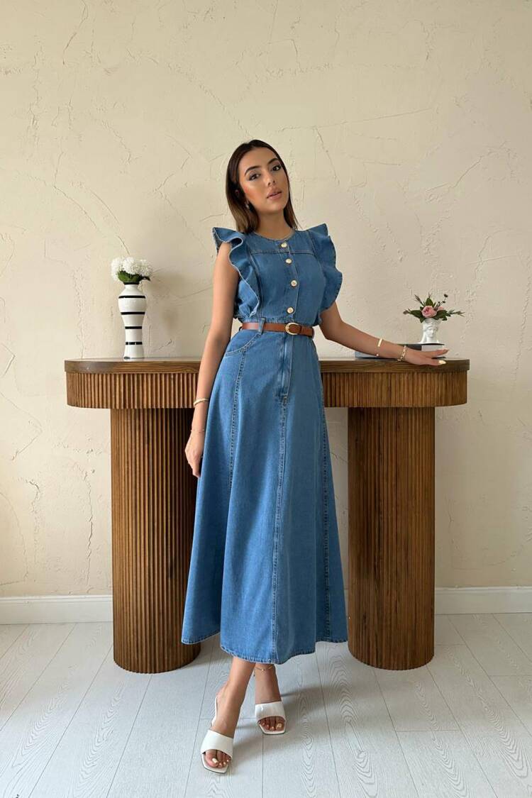 Blue Ruffle Sleeve A-Line Midi Dress