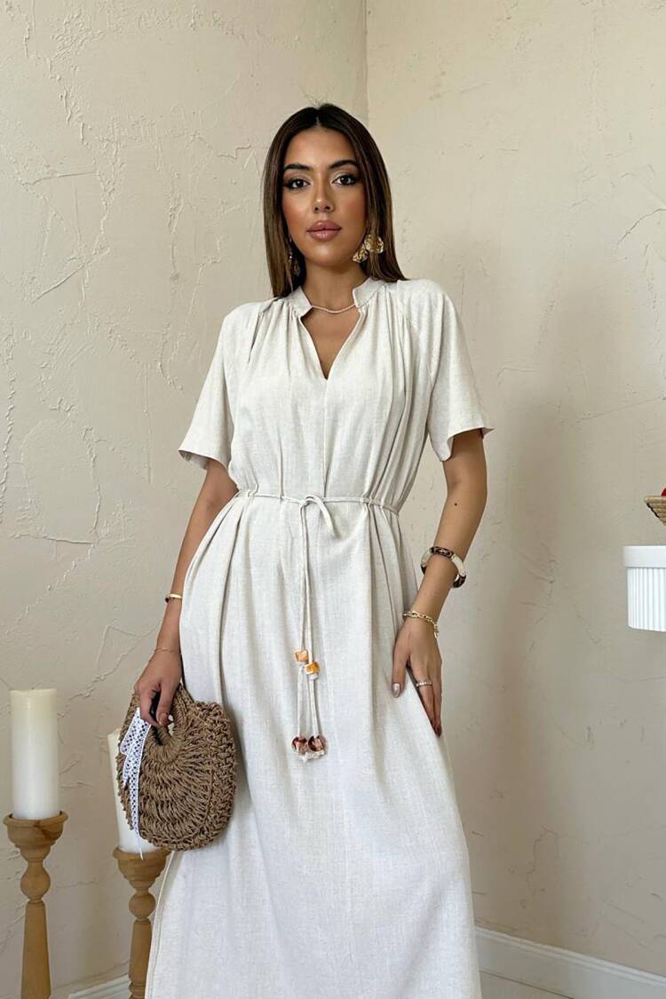 Shift Dress With V-Neck And Short Sleeves