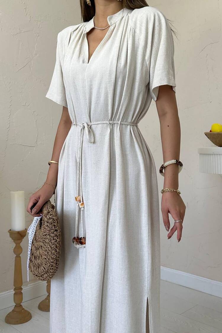 Shift Dress With V-Neck And Short Sleeves