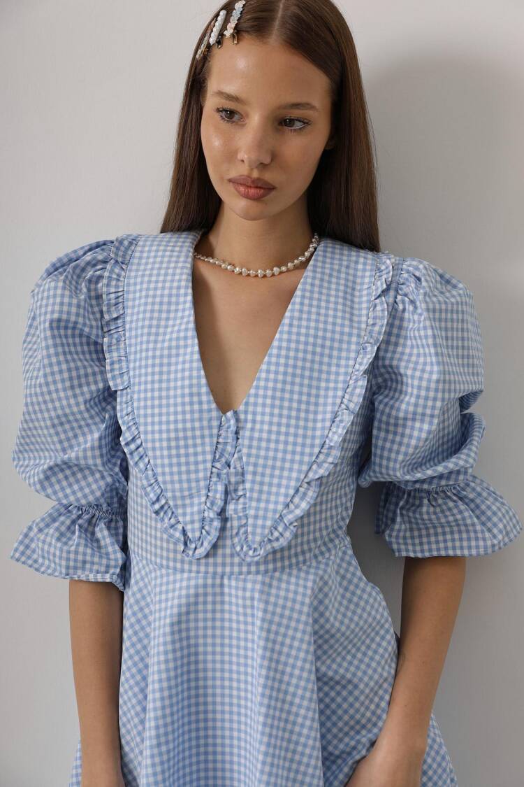 Gingham A-Line Mini Dress With Puff 3/4 Sleeve