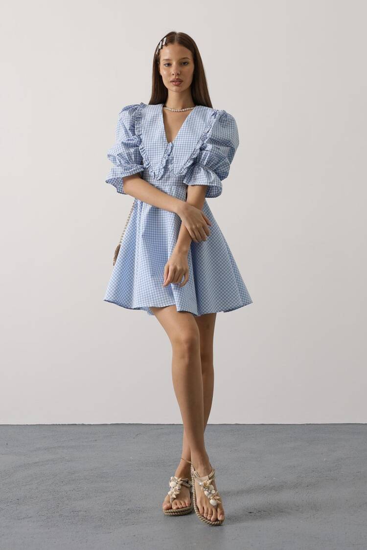Gingham A-Line Mini Dress With Puff 3/4 Sleeve - Brand: Reyon - Women's Clothing Wholesale - Globality Store