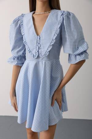 Gingham A-Line Mini Dress With Puff 3/4 Sleeve - Brand: Reyon - Women's Clothing Wholesale - Globality Store