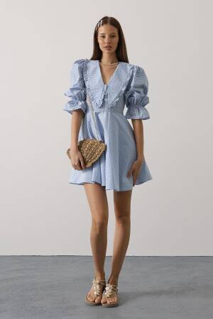 Gingham A-Line Mini Dress With Puff 3/4 Sleeve - Brand: Reyon - Women's Clothing Wholesale - Globality Store