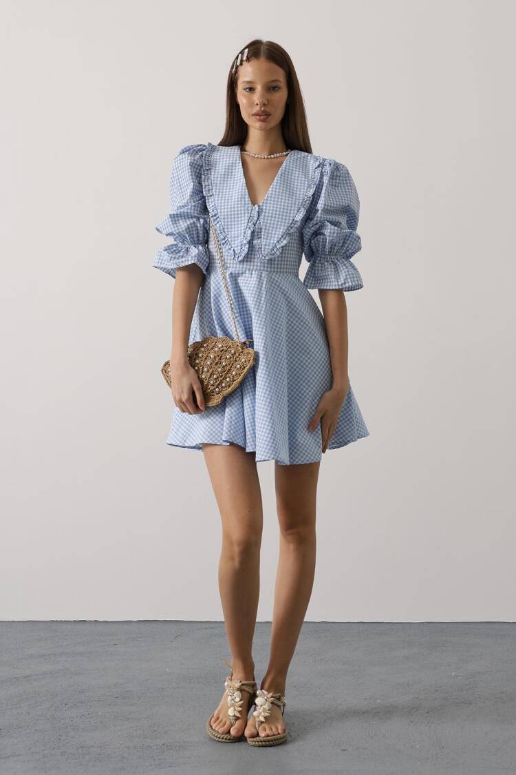 Gingham A-Line Mini Dress With Puff 3/4 Sleeve