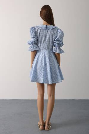 Gingham A-Line Mini Dress With Puff 3/4 Sleeve - Brand: Reyon - Women's Clothing Wholesale - Globality Store