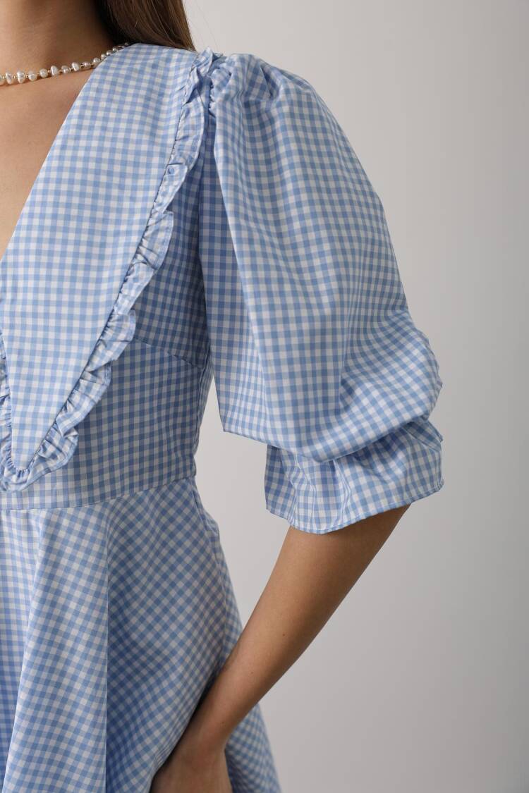 Gingham A-Line Mini Dress With Puff 3/4 Sleeve