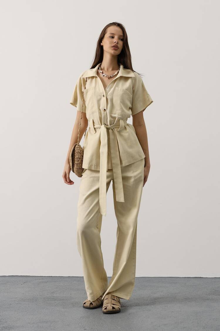 Beige Elegant Formal Set With Wide Leg Palazzo - Brand: Reyon - Women's Clothing Wholesale - Globality Store