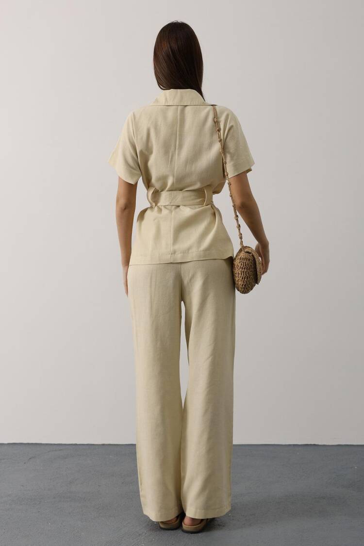Beige Elegant Formal Set With Wide Leg Palazzo
