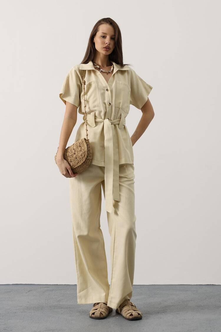 Beige Elegant Formal Set With Wide Leg Palazzo