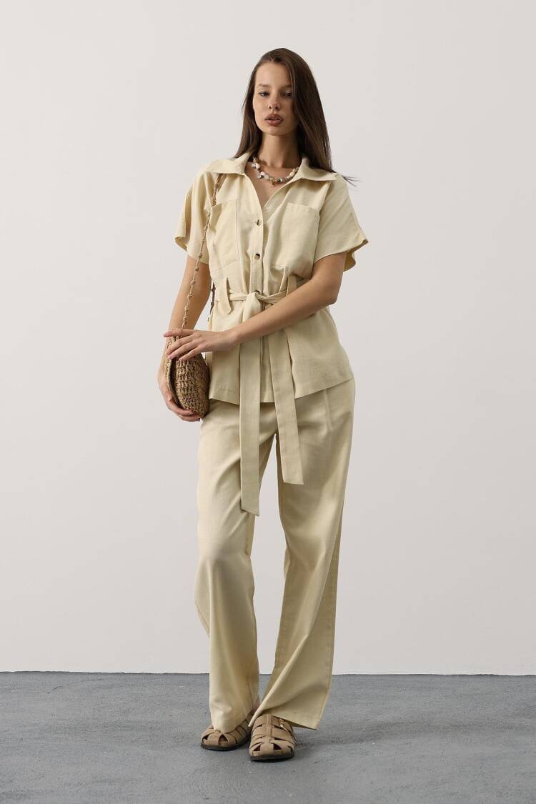 Beige Elegant Formal Set With Wide Leg Palazzo