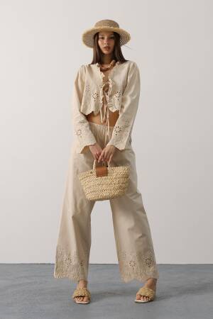 Beige Boho Tie Closure Palazzo Set - Brand: Reyon - Women's Clothing Wholesale - Globality Store