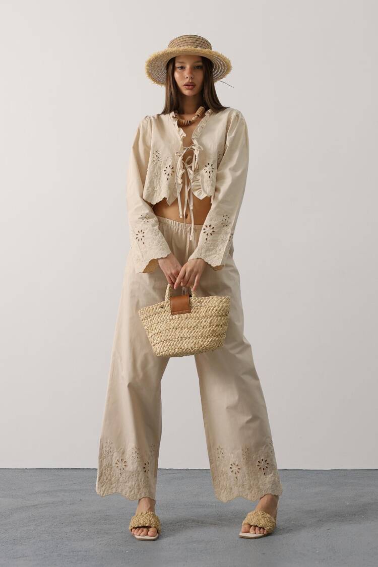Beige Boho Tie Closure Palazzo Set - Brand: Reyon - Women's Clothing Wholesale - Globality Store