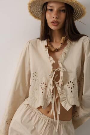Beige Boho Tie Closure Palazzo Set - Brand: Reyon - Women's Clothing Wholesale - Globality Store