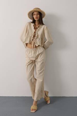 Beige Boho Tie Closure Palazzo Set - Brand: Reyon - Women's Clothing Wholesale - Globality Store