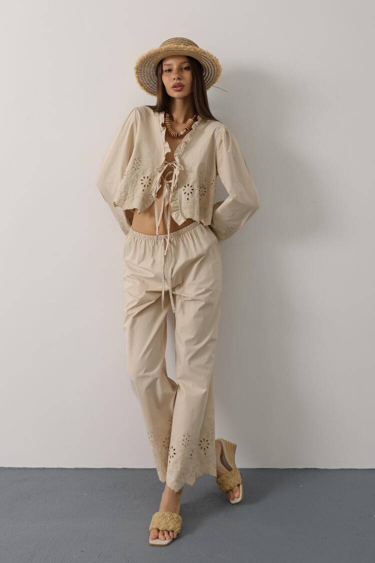 Beige Boho Tie Closure Palazzo Set