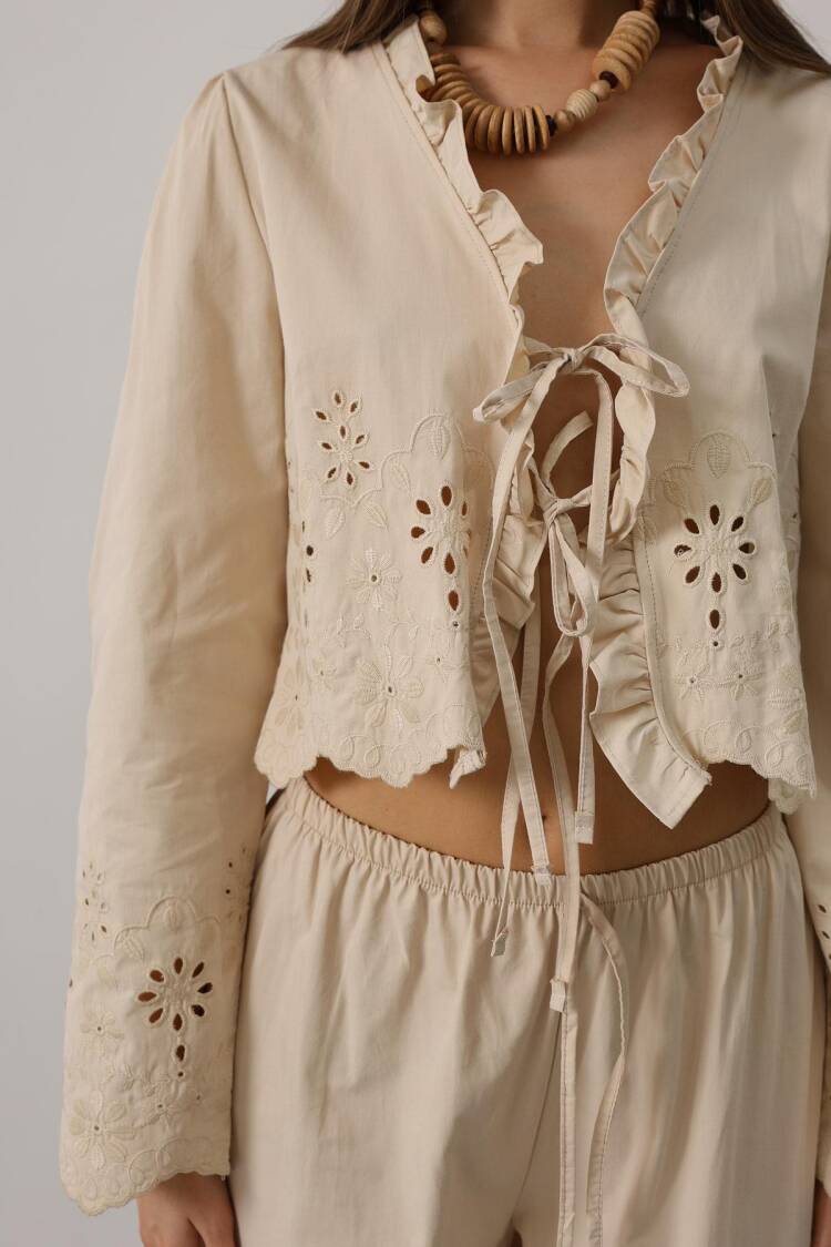 Beige Boho Tie Closure Palazzo Set