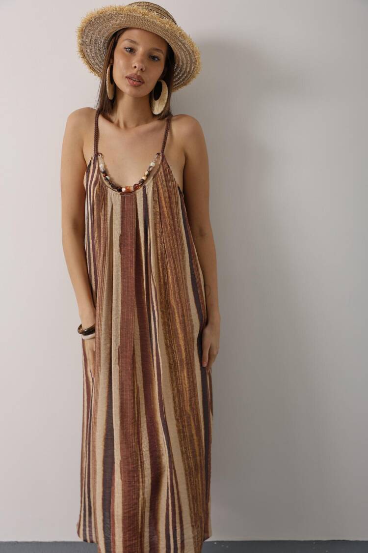Brown Boho Sleeveless Striped Slip Dress