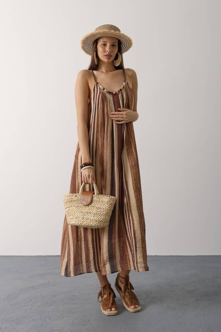 Brown Boho Sleeveless Striped Slip Dress - Brand: Reyon - Women's Clothing Wholesale - Globality Store