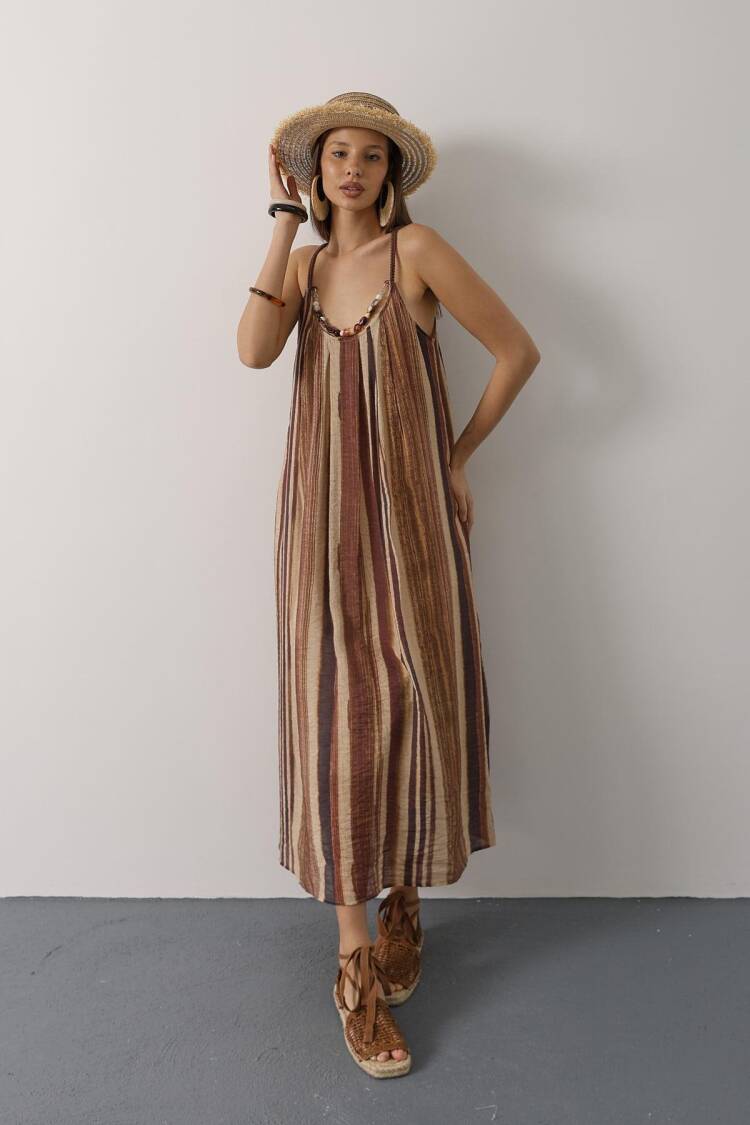 Brown Boho Sleeveless Striped Slip Dress