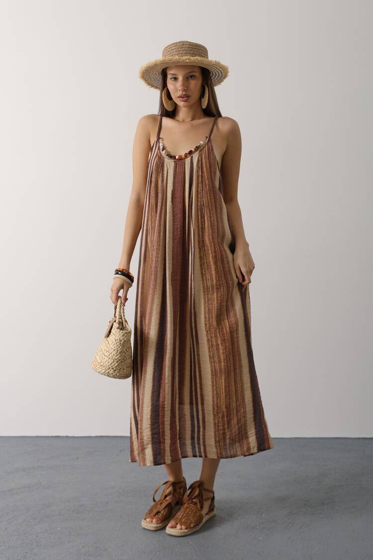 Brown Boho Sleeveless Striped Slip Dress