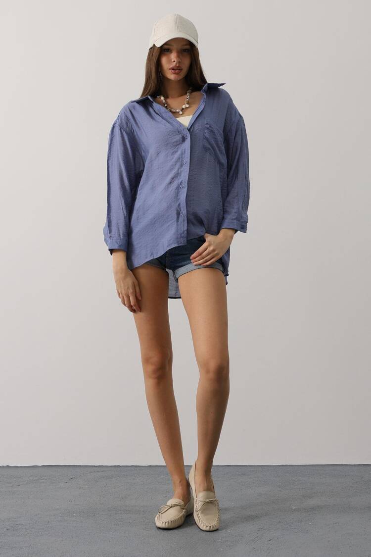 Blue Casual Streetwear Oversized Shirt - Brand: Reyon - Women's Clothing Wholesale - Globality Store
