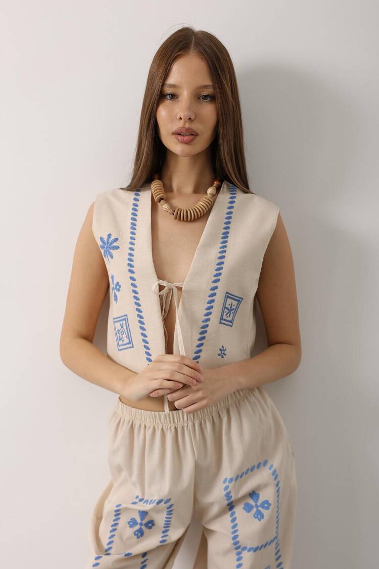 Beige Boho Floral Tie Sleeveless Set
