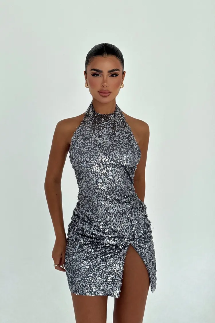 Silver Sequined Bodycon Mini Dress With Halter Neck - Brand: EYYO ATELIER - Women's Clothing Wholesale - Globality Store
