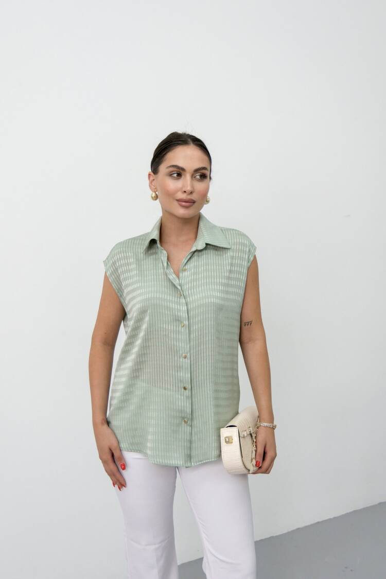 Green Striped Casual Elegant Shirt With Polo Neck - Brand: STEPS - Women's Clothing Wholesale - Globality Store