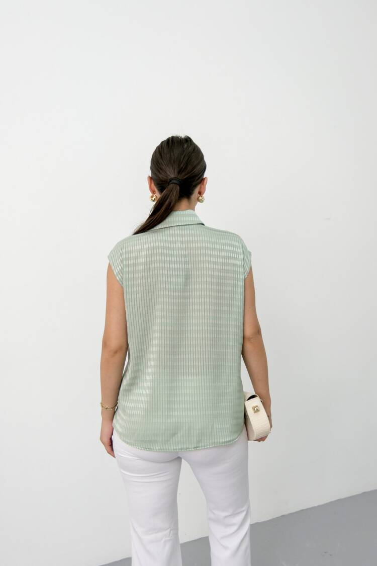 Green Striped Casual Elegant Shirt With Polo Neck