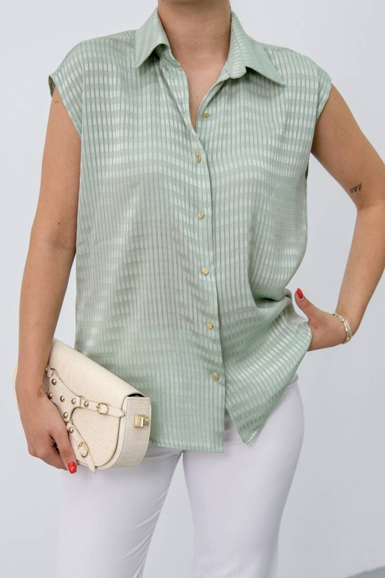 Green Striped Casual Elegant Shirt With Polo Neck