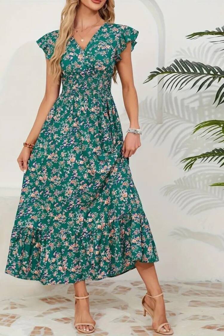 Fit And Flare Midi Dress With Ruffle Cap Sleeves