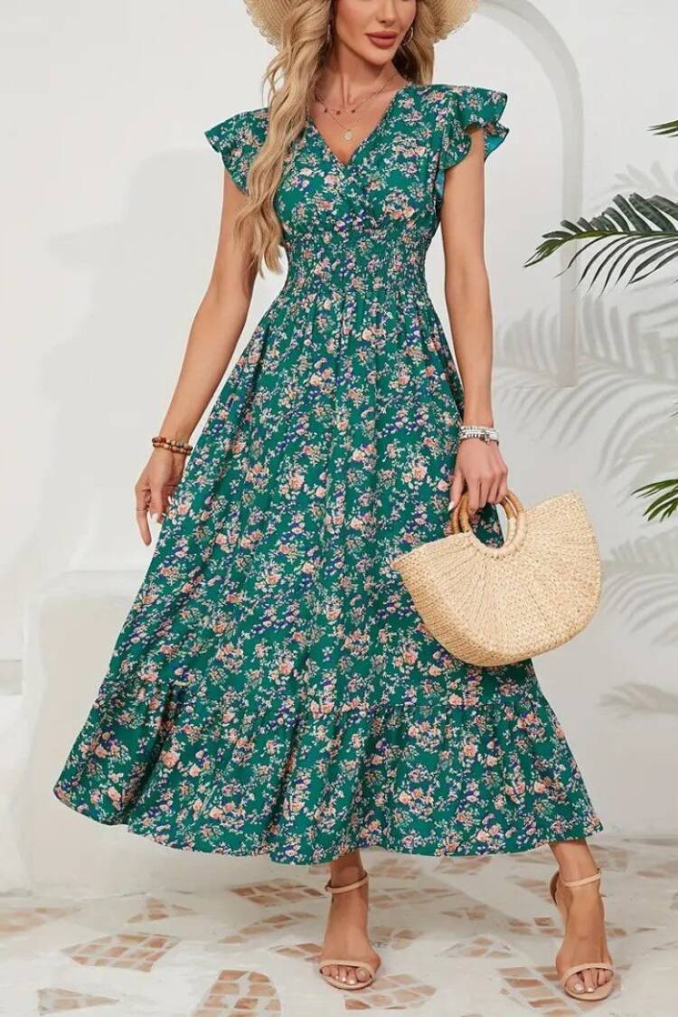 Fit And Flare Midi Dress With Ruffle Cap Sleeves