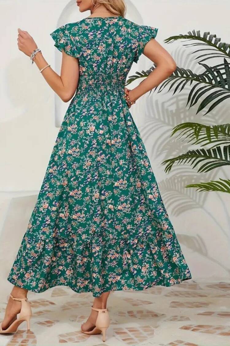 Fit And Flare Midi Dress With Ruffle Cap Sleeves