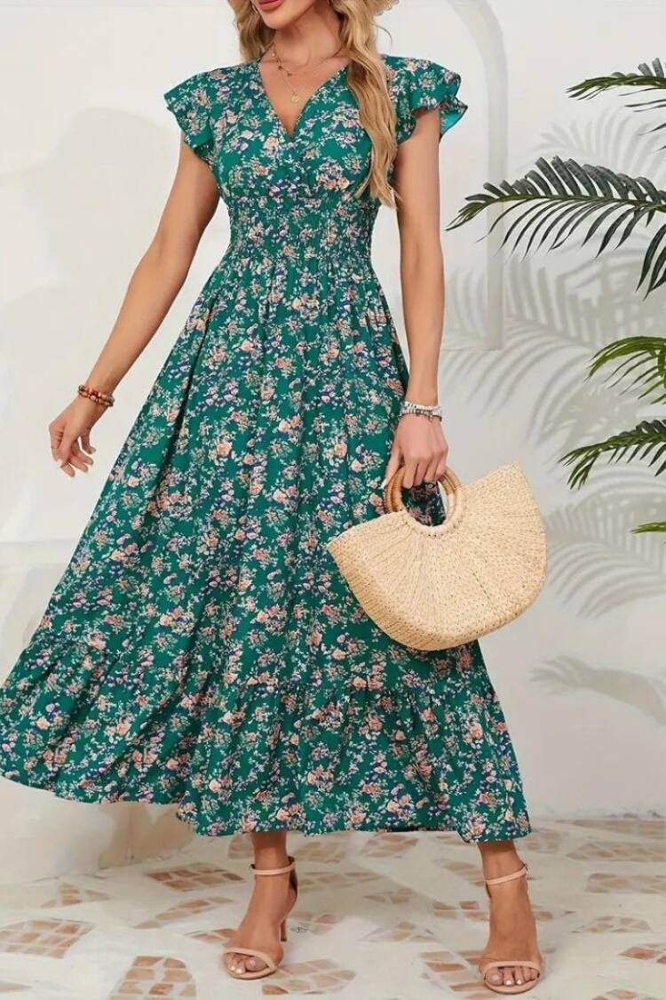 Fit And Flare Midi Dress With Ruffle Cap Sleeves - Brand: Janes - Women's Clothing Wholesale - Globality Store
