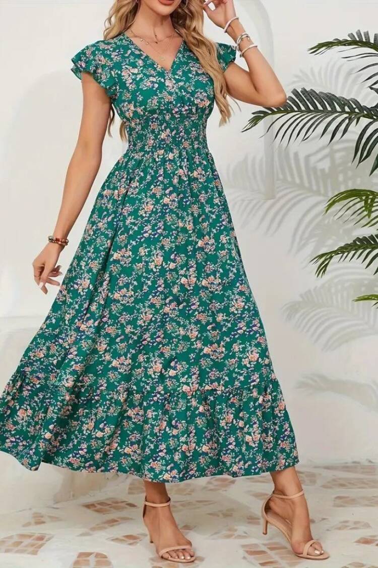 Fit And Flare Midi Dress With Ruffle Cap Sleeves