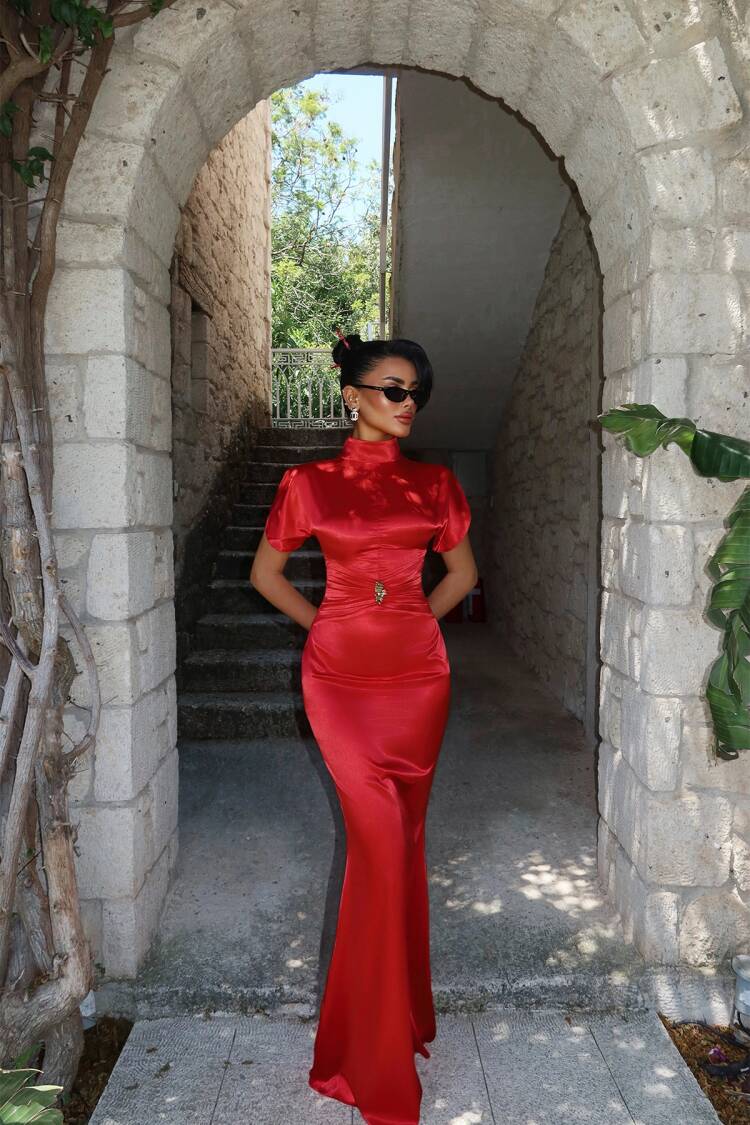 ElegantSheath Dress With High Neck And Short Sleeves