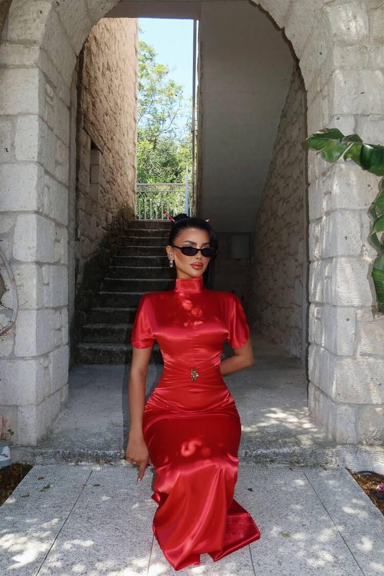 ElegantSheath Dress With High Neck And Short Sleeves