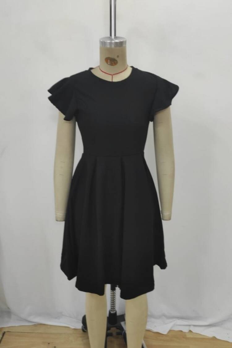 Black Fit And Flare Dress With Ruffle Sleeves