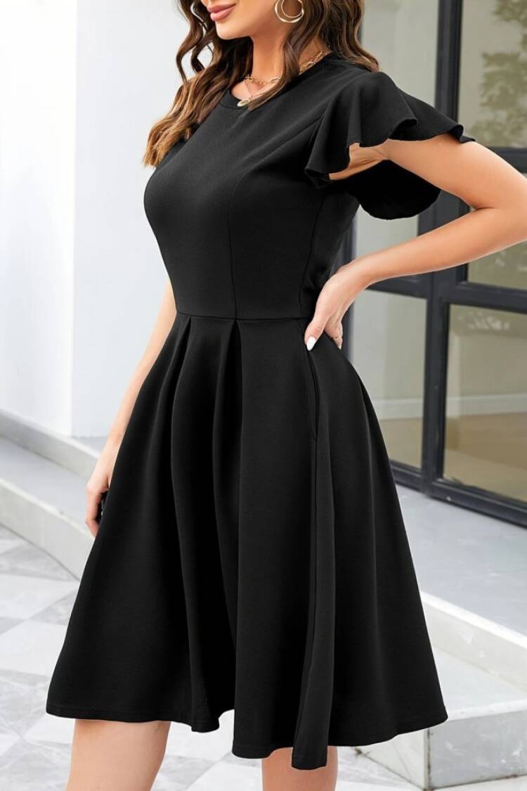 Black Fit And Flare Dress With Ruffle Sleeves