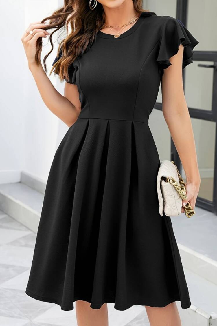 Black Fit And Flare Dress With Ruffle Sleeves - Brand: Janes - Women's Clothing Wholesale - Globality Store