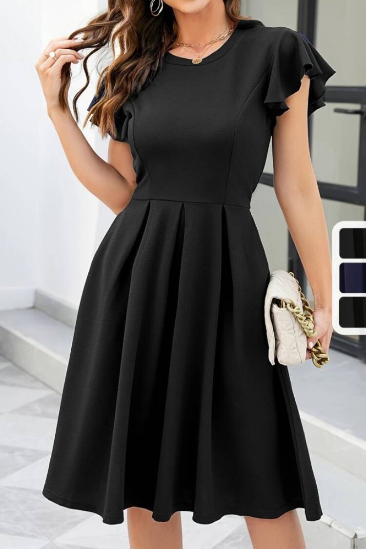 Black Fit And Flare Dress With Ruffle Sleeves