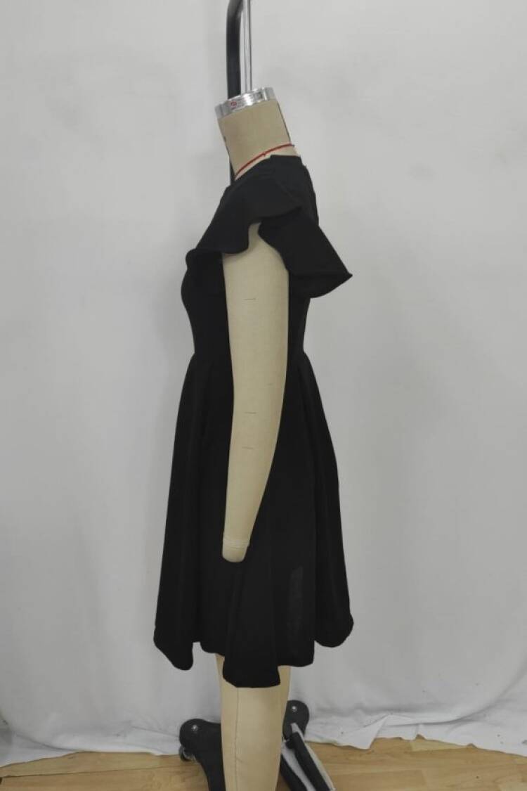 Black Fit And Flare Dress With Ruffle Sleeves