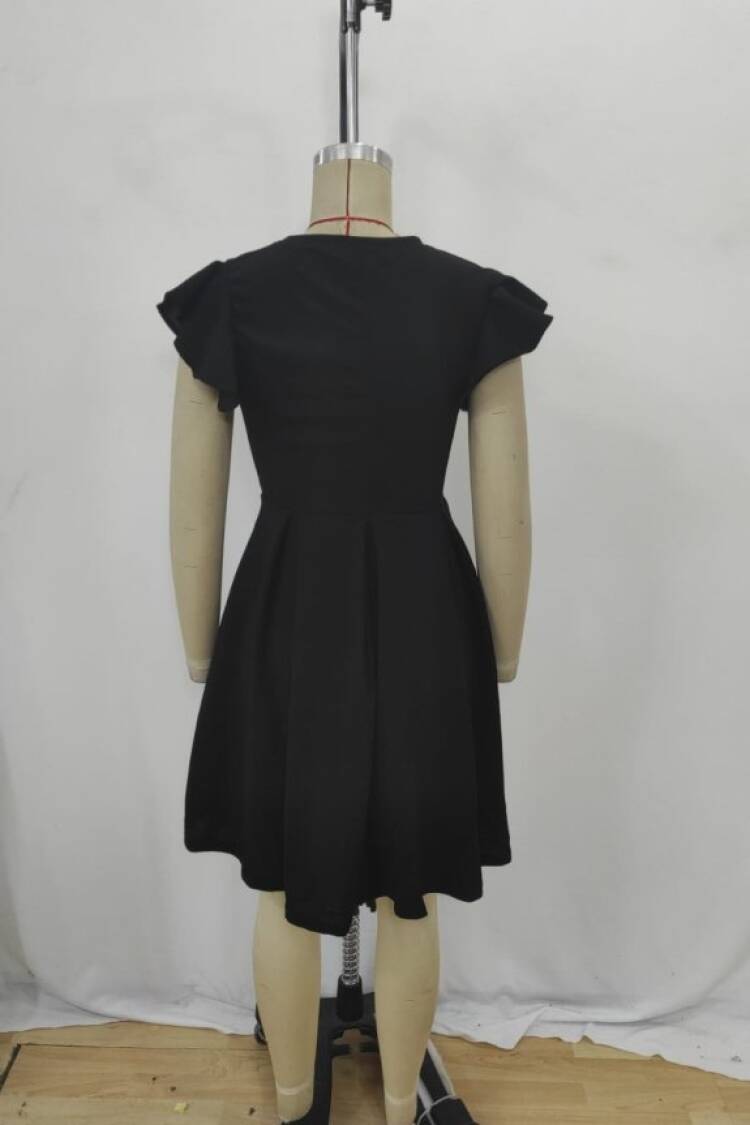 Black Fit And Flare Dress With Ruffle Sleeves