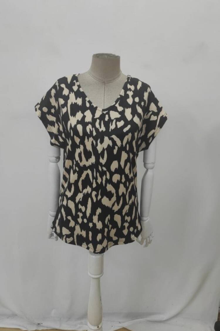 Black Animal Print V-Neck Cap Sleeve Blouse