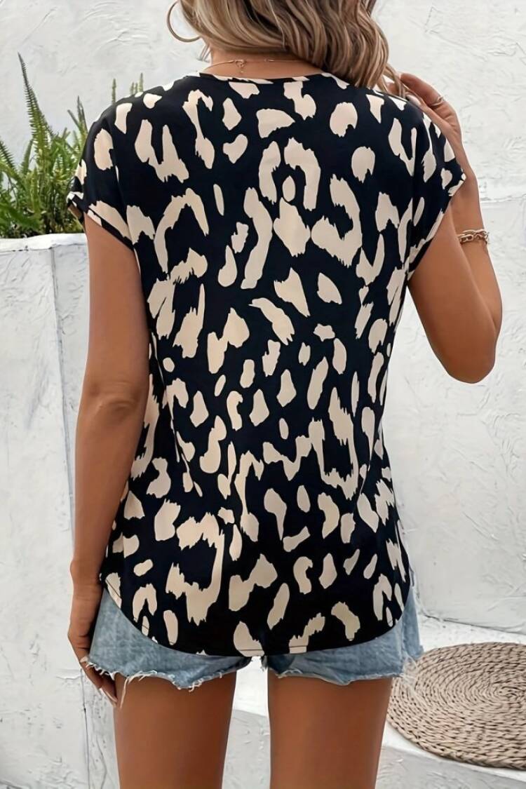 Black Animal Print V-Neck Cap Sleeve Blouse