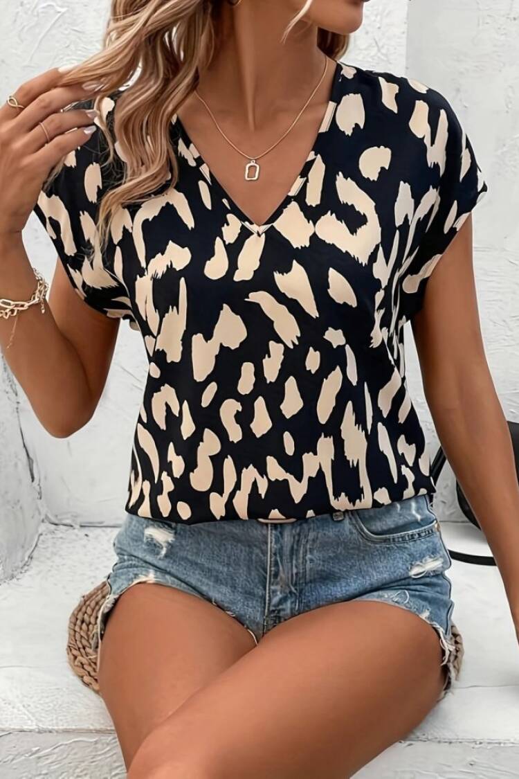 Black Animal Print V-Neck Cap Sleeve Blouse