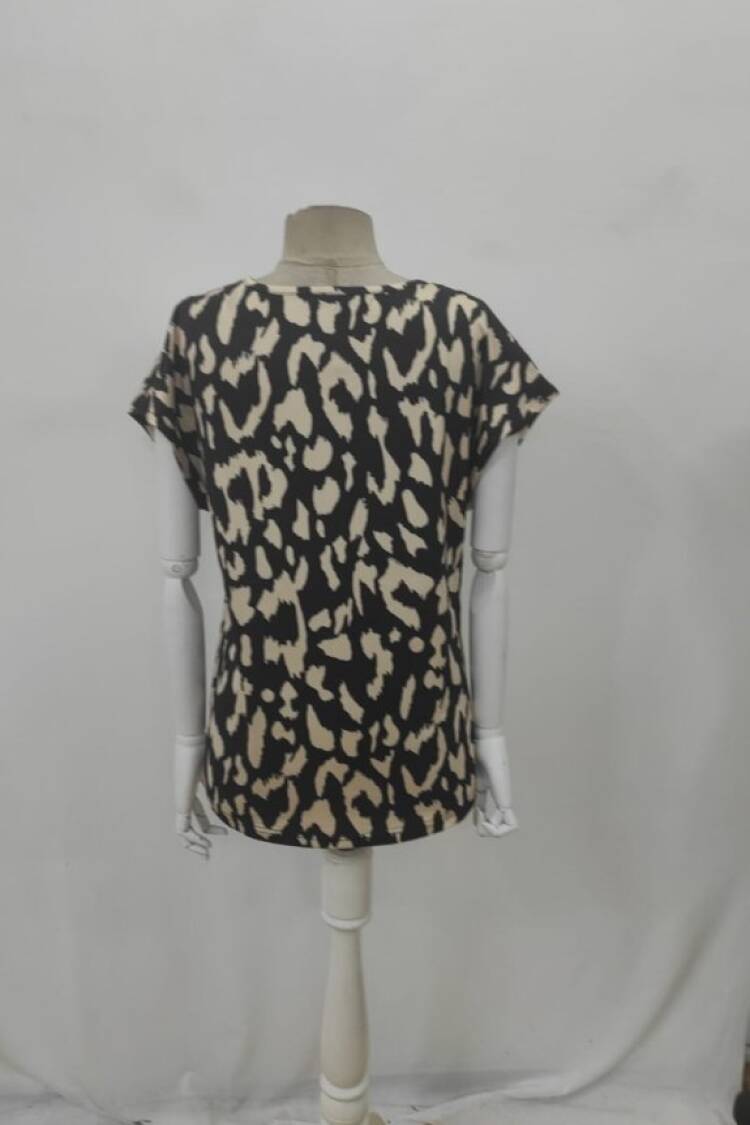 Black Animal Print V-Neck Cap Sleeve Blouse