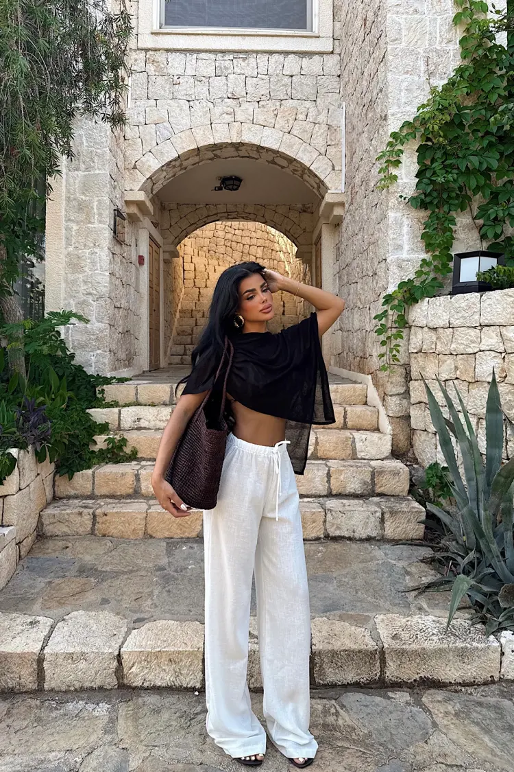 White Palazzo Pants With Drawstring Waist - Brand: EYYO ATELIER - Women's Clothing Wholesale - Globality Store