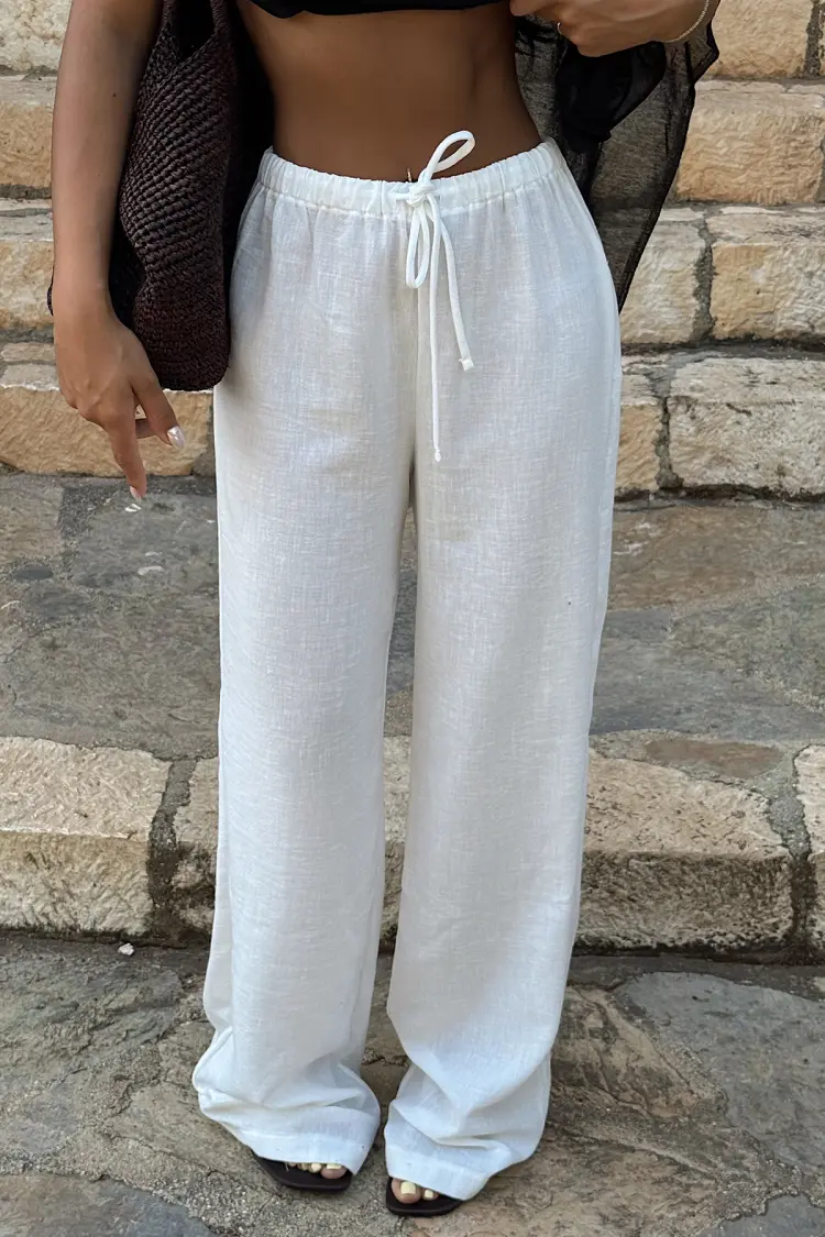 White Palazzo Pants With Drawstring Waist